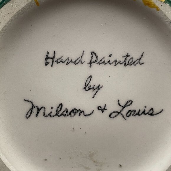 Milson & Louis Hand Painted Flower Vase Cobalt Blue Yellow Flowers Red Rim 6" - Picture 8 of 8